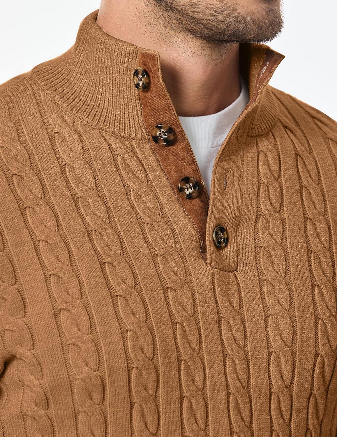 imageJMIERR Mens Cable Knit Pullover Sweater Casual Long Sleeve Stand Collar Button Knitted SweatersLight Khaki