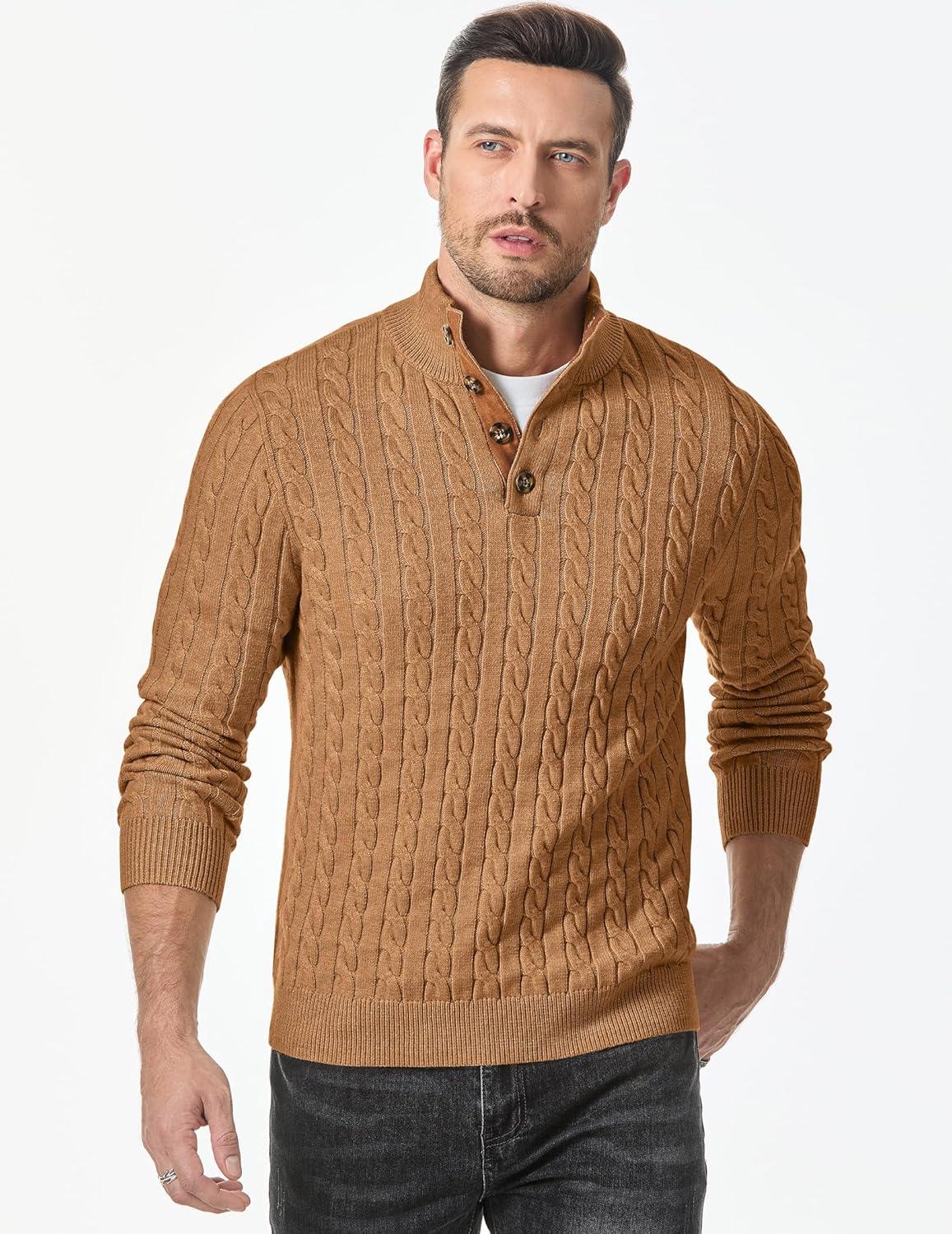 imageJMIERR Mens Cable Knit Pullover Sweater Casual Long Sleeve Stand Collar Button Knitted SweatersLight Khaki
