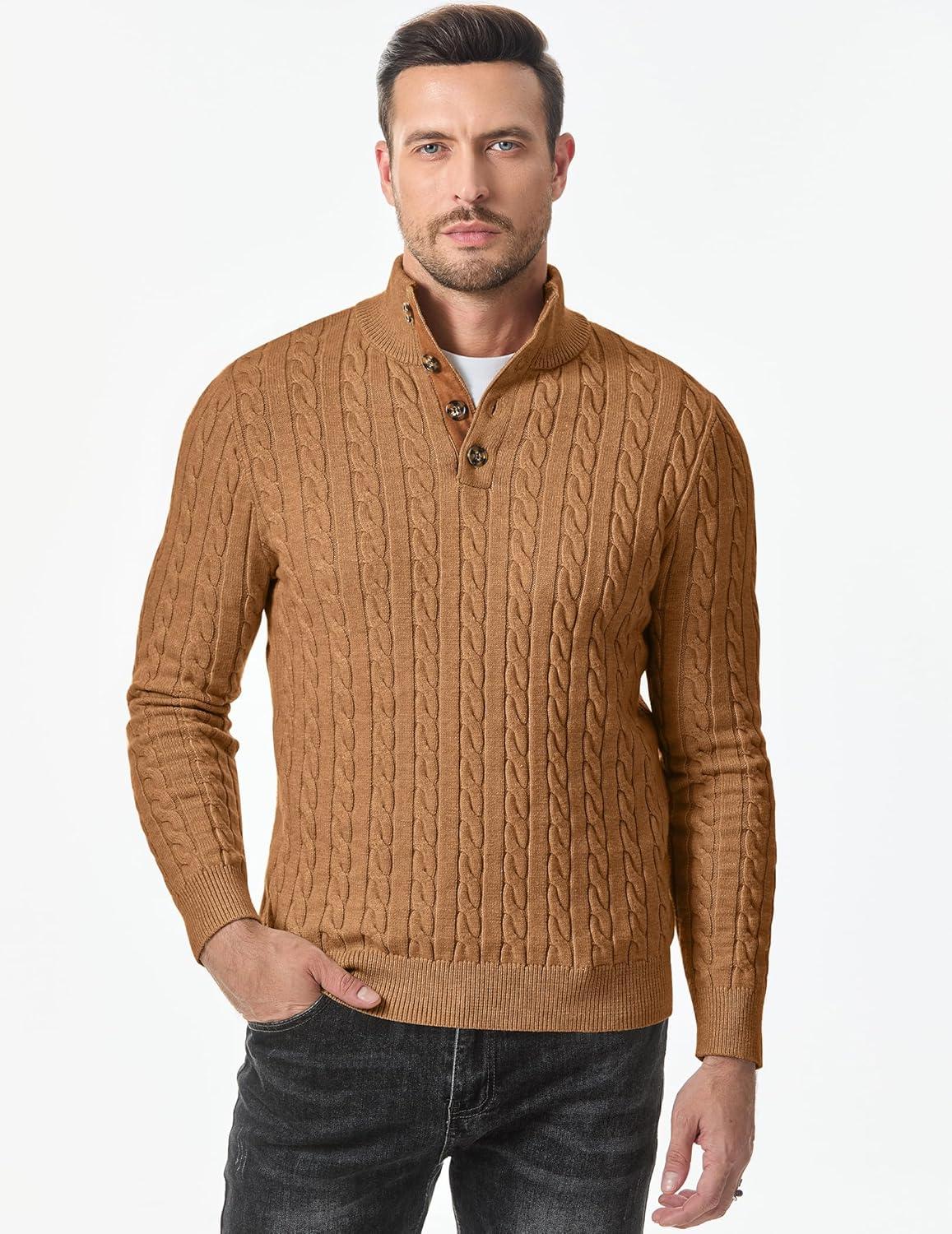 imageJMIERR Mens Cable Knit Pullover Sweater Casual Long Sleeve Stand Collar Button Knitted SweatersLight Khaki