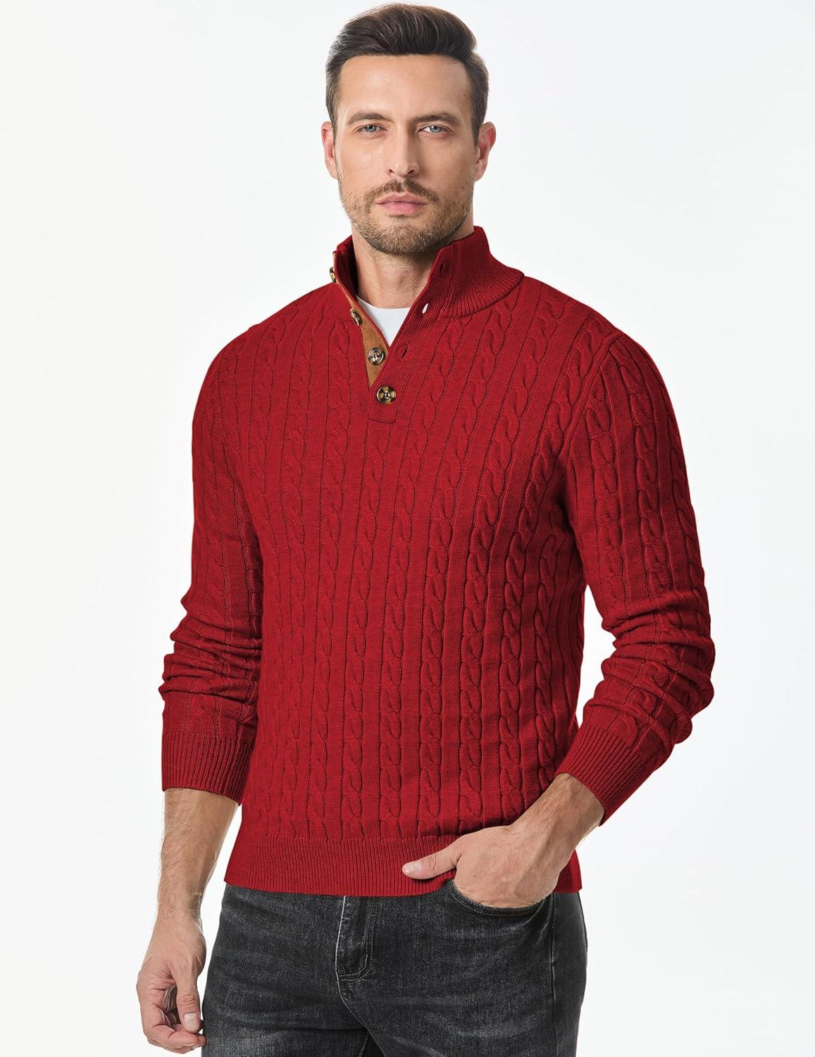 imageJMIERR Mens Cable Knit Pullover Sweater Casual Long Sleeve Stand Collar Button Knitted SweatersLight Red