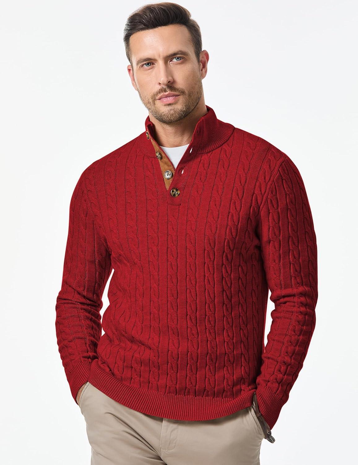 imageJMIERR Mens Cable Knit Pullover Sweater Casual Long Sleeve Stand Collar Button Knitted SweatersLight Red