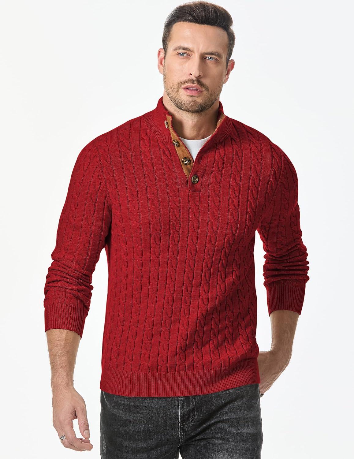 imageJMIERR Mens Cable Knit Pullover Sweater Casual Long Sleeve Stand Collar Button Knitted SweatersLight Red