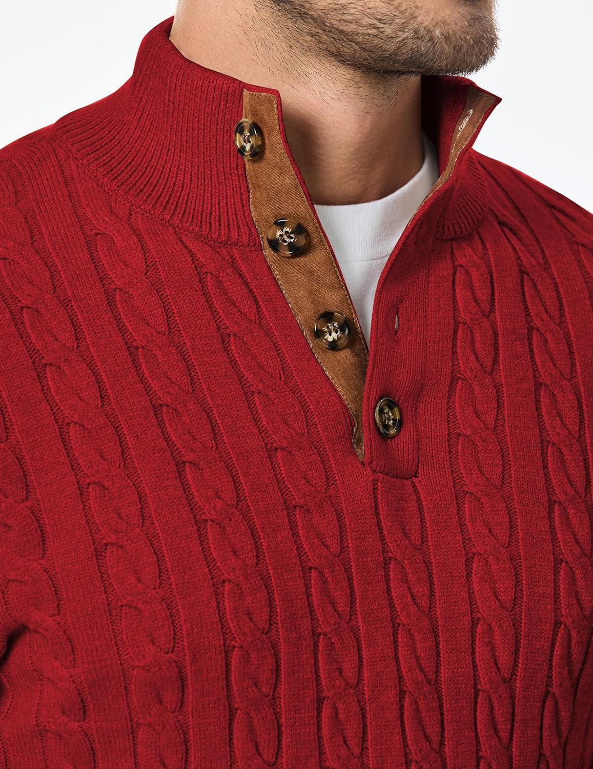 imageJMIERR Mens Cable Knit Pullover Sweater Casual Long Sleeve Stand Collar Button Knitted SweatersLight Red