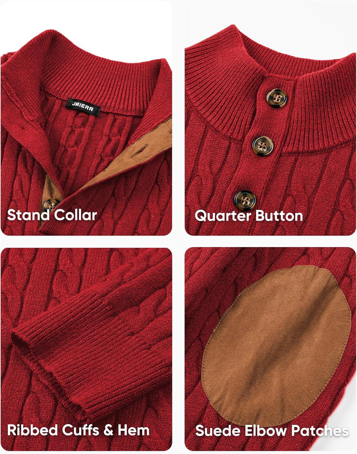 imageJMIERR Mens Cable Knit Pullover Sweater Casual Long Sleeve Stand Collar Button Knitted SweatersLight Red
