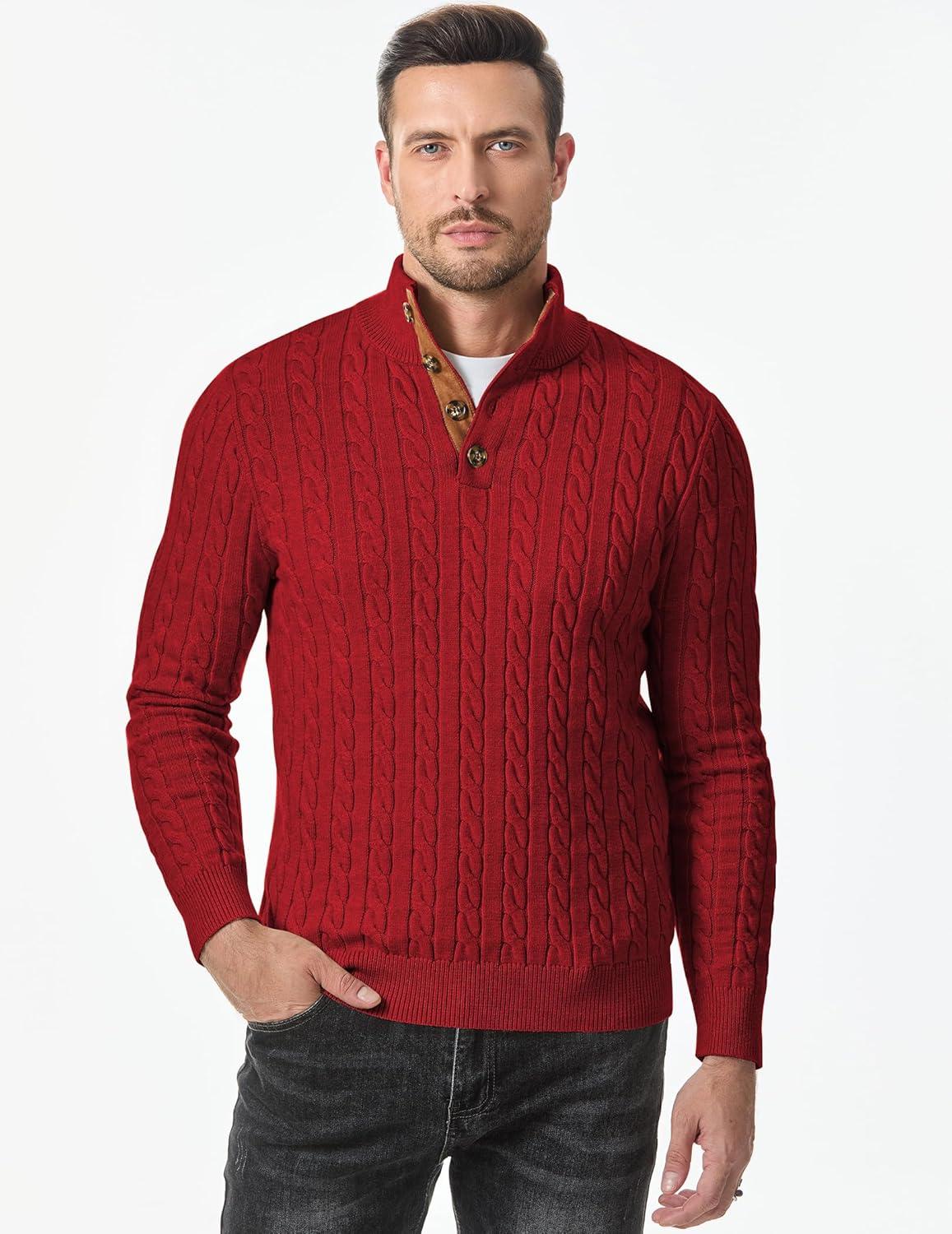 imageJMIERR Mens Cable Knit Pullover Sweater Casual Long Sleeve Stand Collar Button Knitted SweatersLight Red