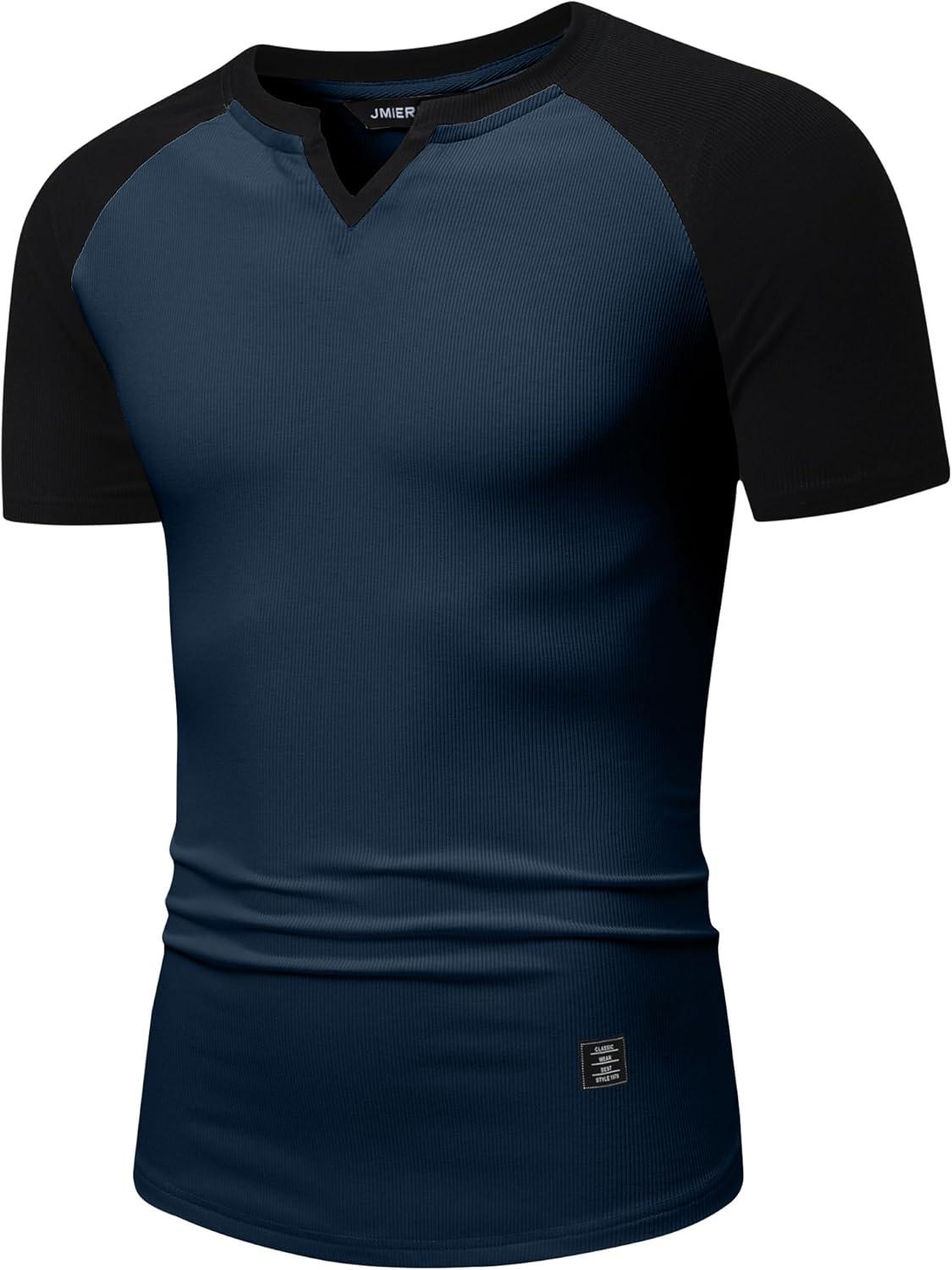imageJMIERR Mens Muscle Slim T Shirt VNeck Longline Henley Shirt Gym Workout Athletic Tee ShirtsC Blue  Black