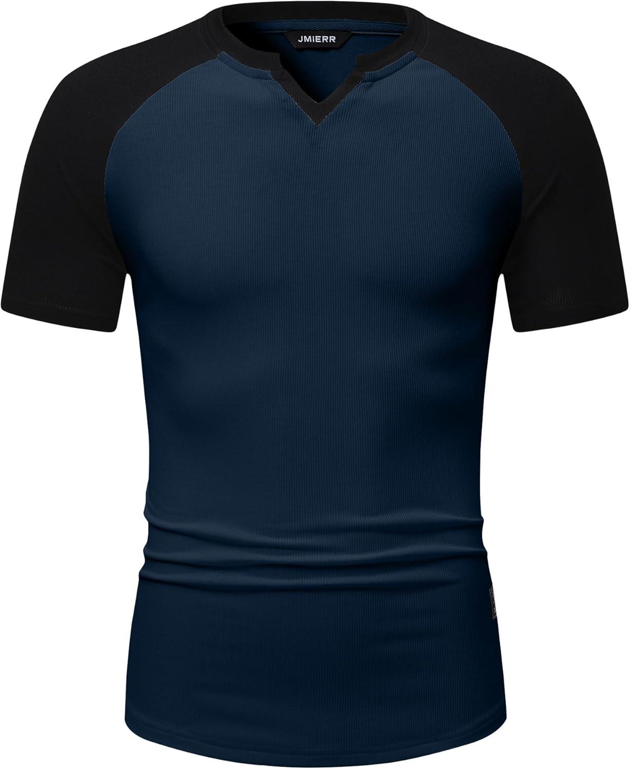 imageJMIERR Mens Muscle Slim T Shirt VNeck Longline Henley Shirt Gym Workout Athletic Tee ShirtsC Blue  Black