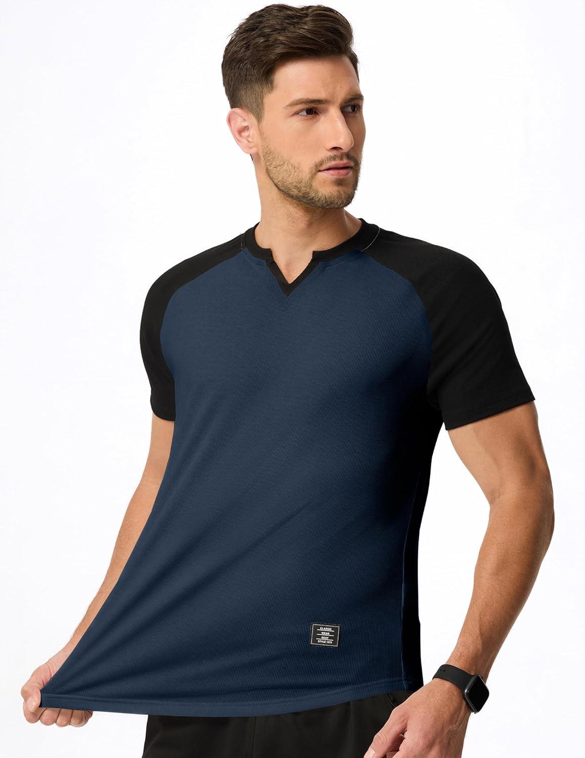imageJMIERR Mens Muscle Slim T Shirt VNeck Longline Henley Shirt Gym Workout Athletic Tee ShirtsC Blue  Black