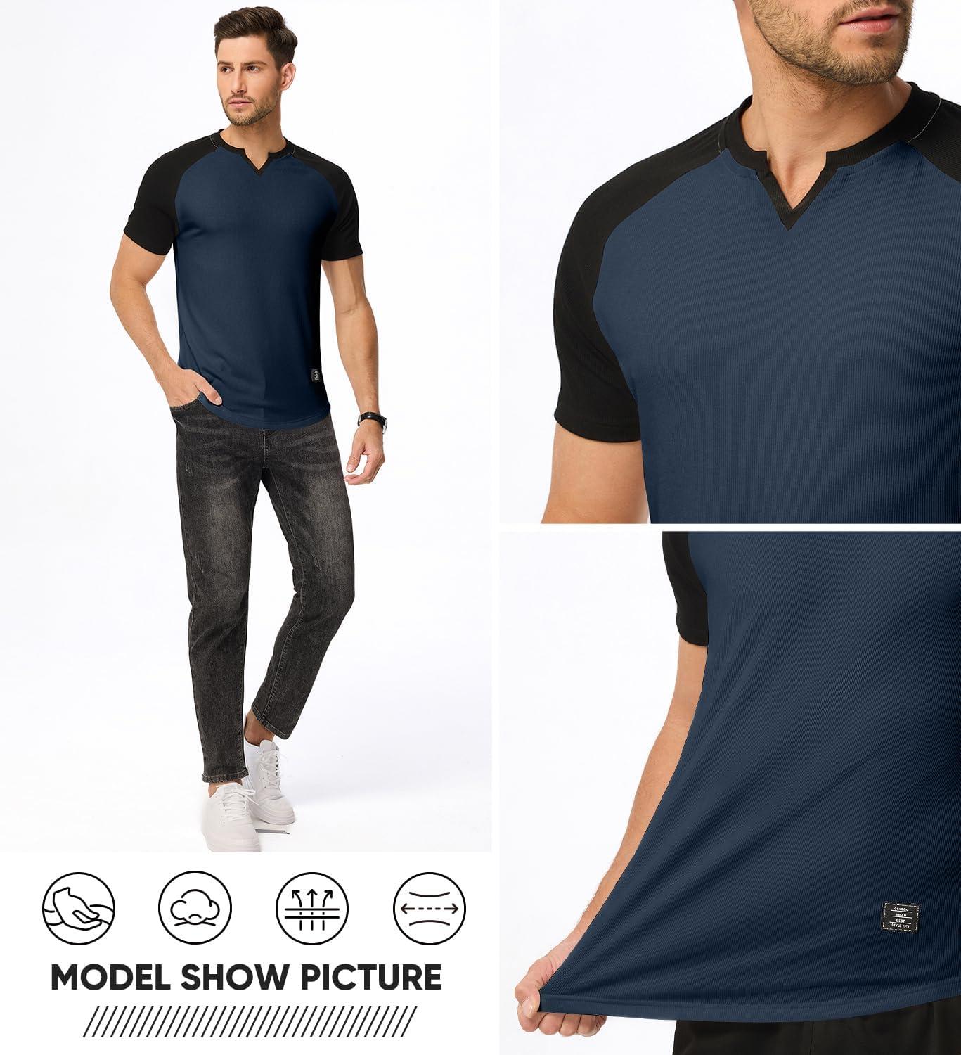imageJMIERR Mens Muscle Slim T Shirt VNeck Longline Henley Shirt Gym Workout Athletic Tee ShirtsC Blue  Black