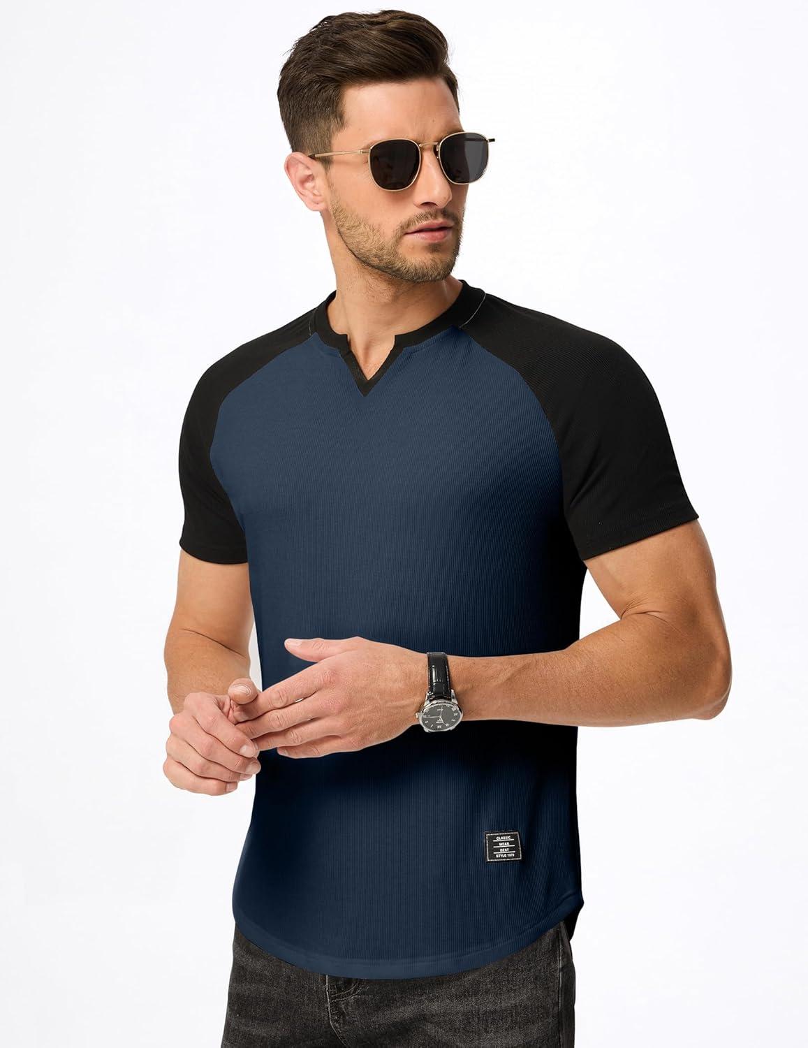 imageJMIERR Mens Muscle Slim T Shirt VNeck Longline Henley Shirt Gym Workout Athletic Tee ShirtsC Blue  Black