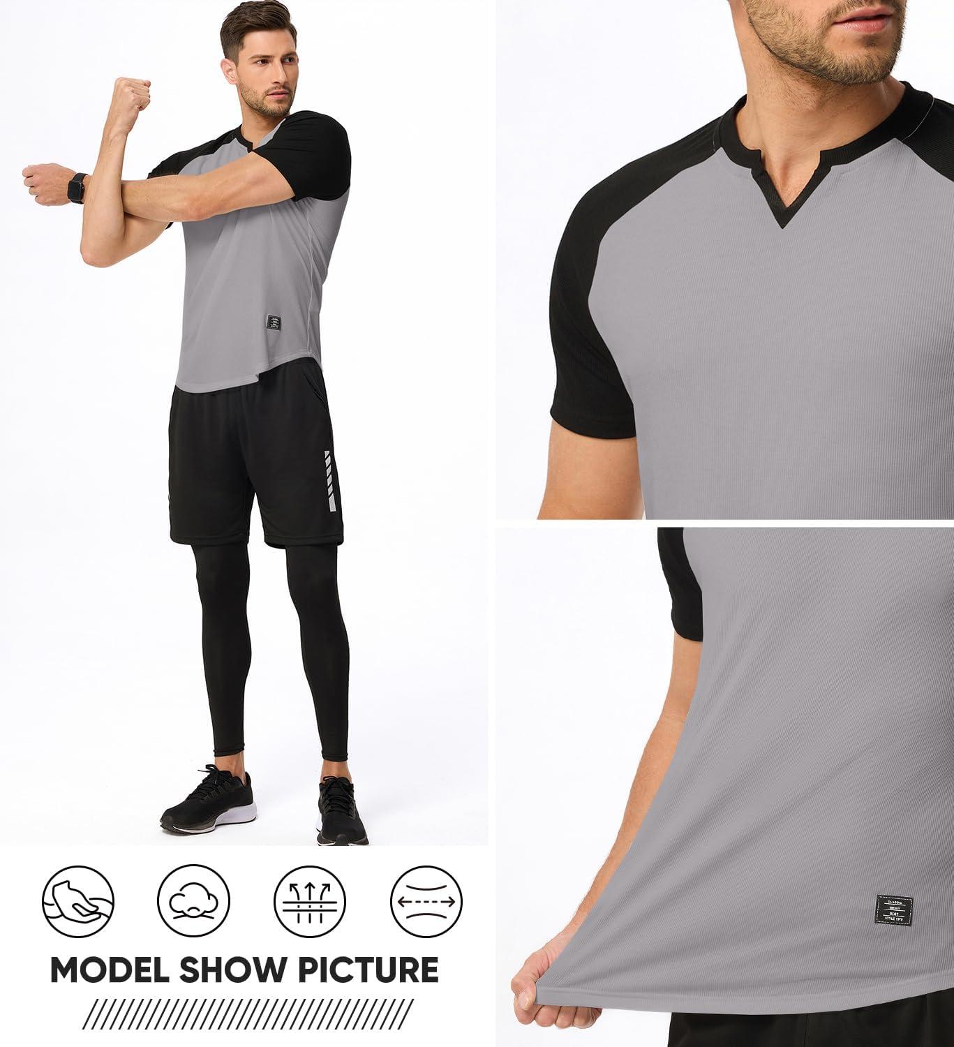 imageJMIERR Mens Muscle Slim T Shirt VNeck Longline Henley Shirt Gym Workout Athletic Tee ShirtsC Grey  Black