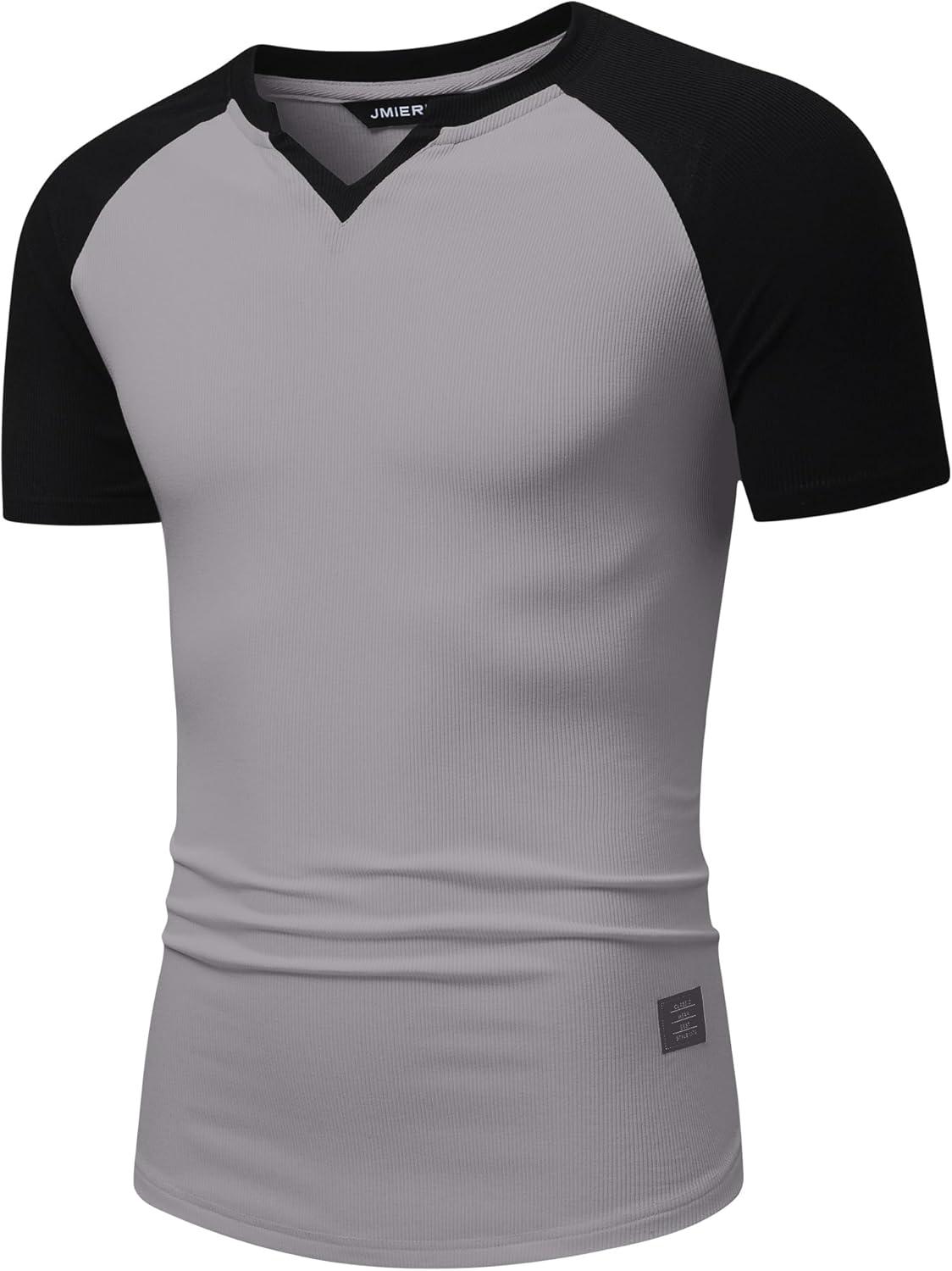 imageJMIERR Mens Muscle Slim T Shirt VNeck Longline Henley Shirt Gym Workout Athletic Tee ShirtsC Grey  Black