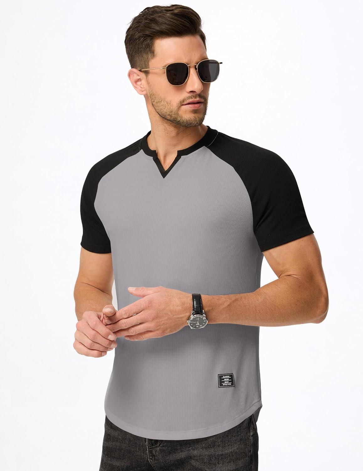 imageJMIERR Mens Muscle Slim T Shirt VNeck Longline Henley Shirt Gym Workout Athletic Tee ShirtsC Grey  Black