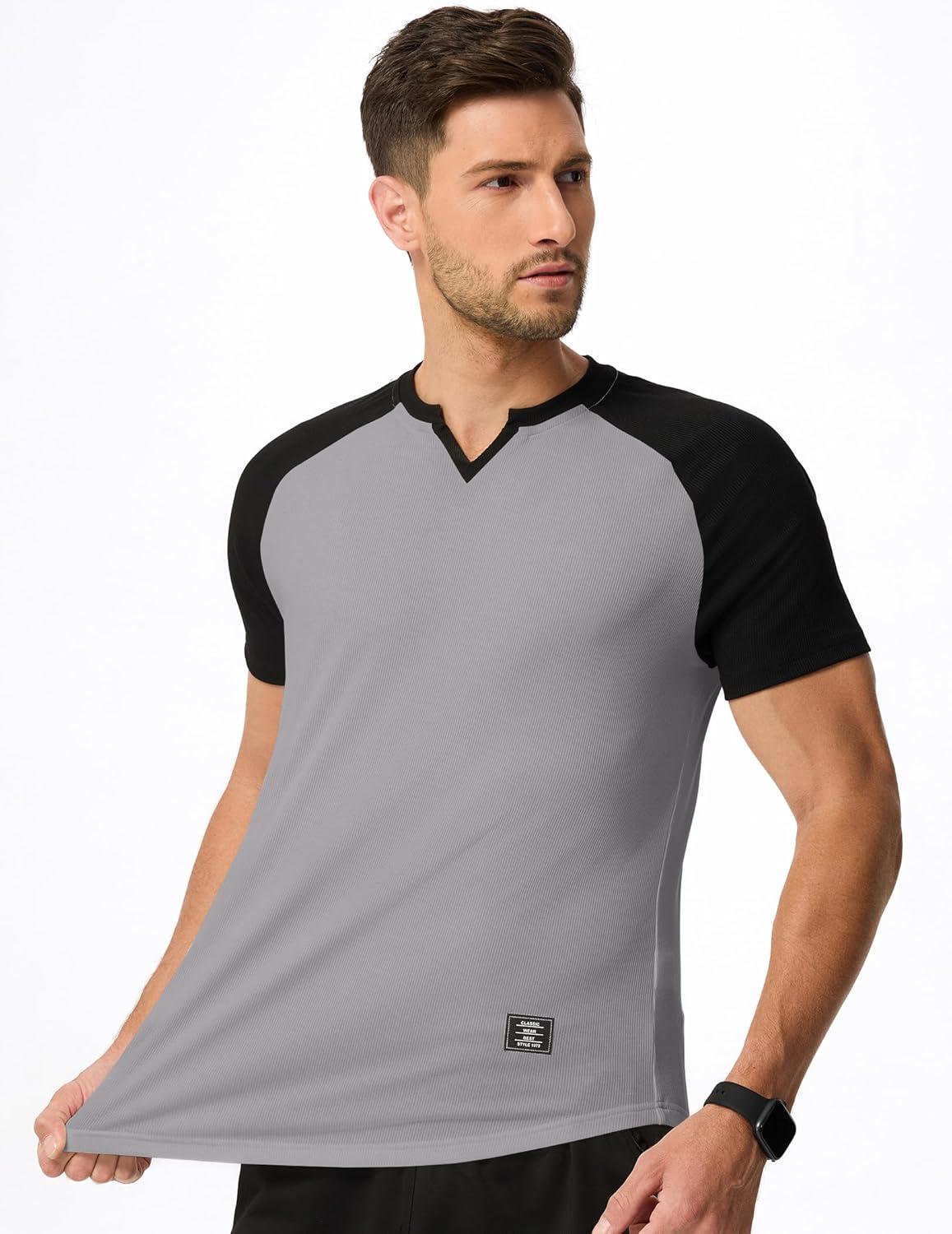 imageJMIERR Mens Muscle Slim T Shirt VNeck Longline Henley Shirt Gym Workout Athletic Tee ShirtsC Grey  Black