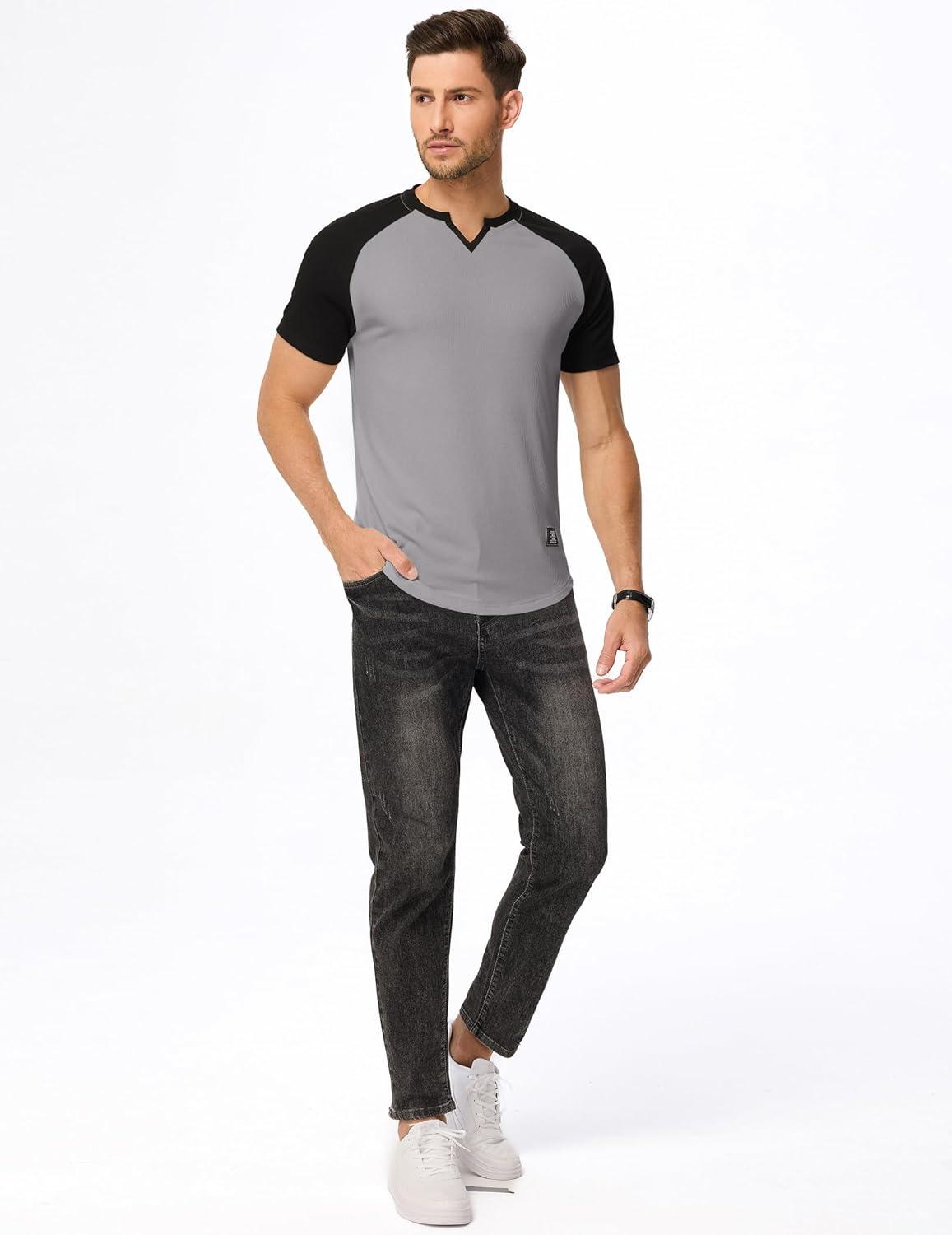 imageJMIERR Mens Muscle Slim T Shirt VNeck Longline Henley Shirt Gym Workout Athletic Tee ShirtsC Grey  Black