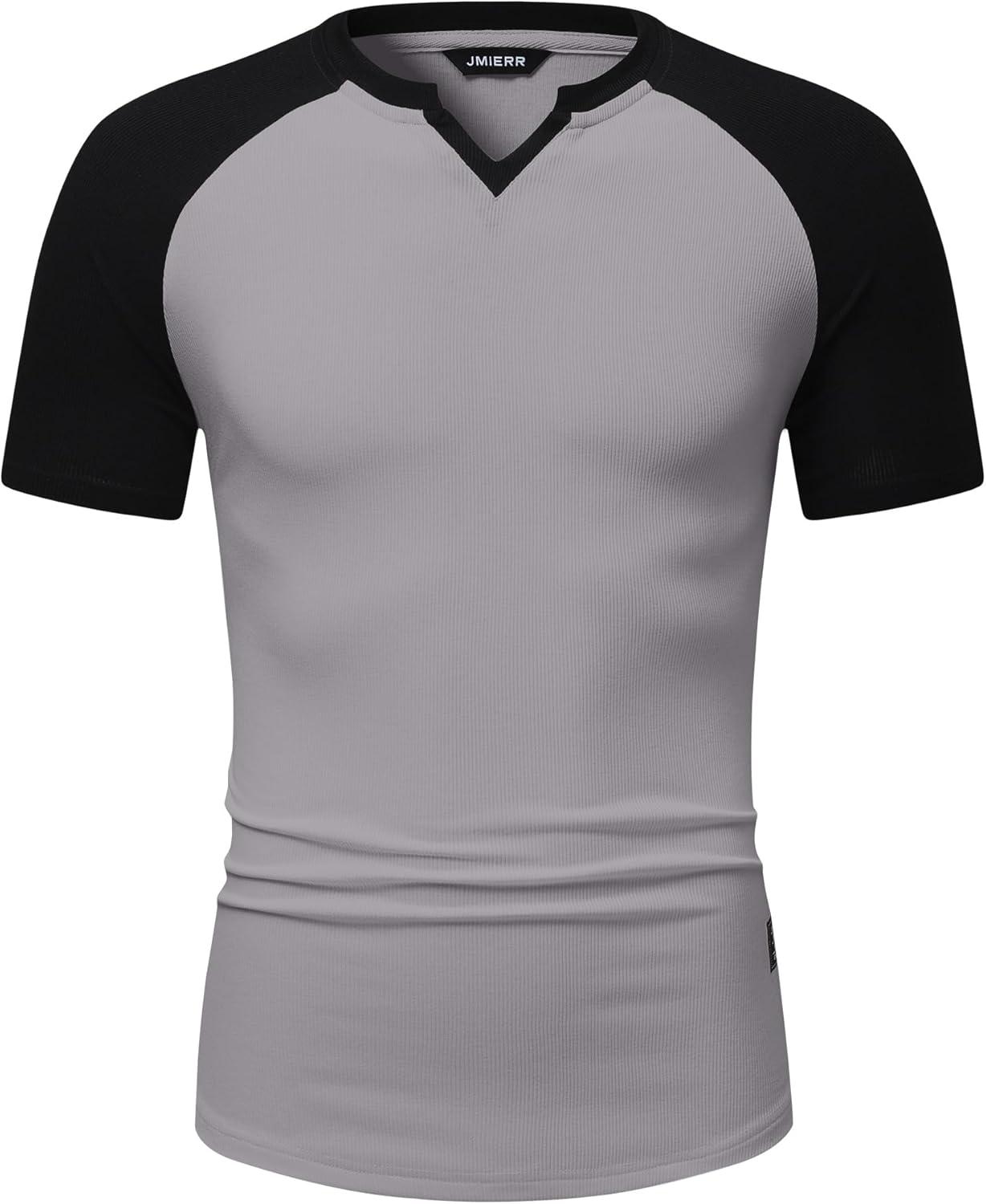 imageJMIERR Mens Muscle Slim T Shirt VNeck Longline Henley Shirt Gym Workout Athletic Tee ShirtsC Grey  Black