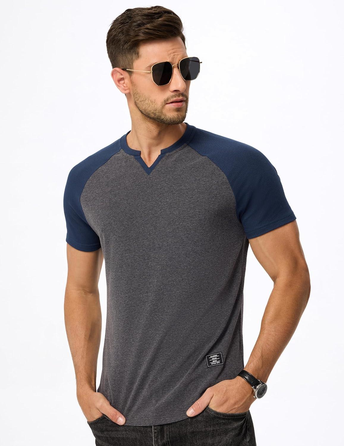 imageJMIERR Mens Muscle Slim T Shirt VNeck Longline Henley Shirt Gym Workout Athletic Tee ShirtsC Grey  Blue