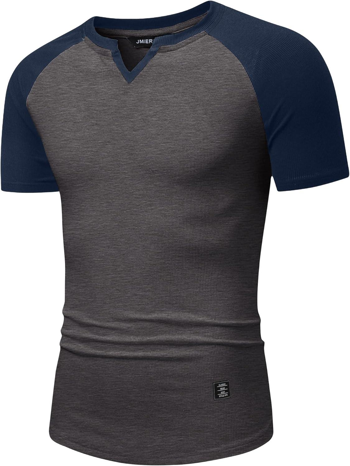 imageJMIERR Mens Muscle Slim T Shirt VNeck Longline Henley Shirt Gym Workout Athletic Tee ShirtsC Grey  Blue