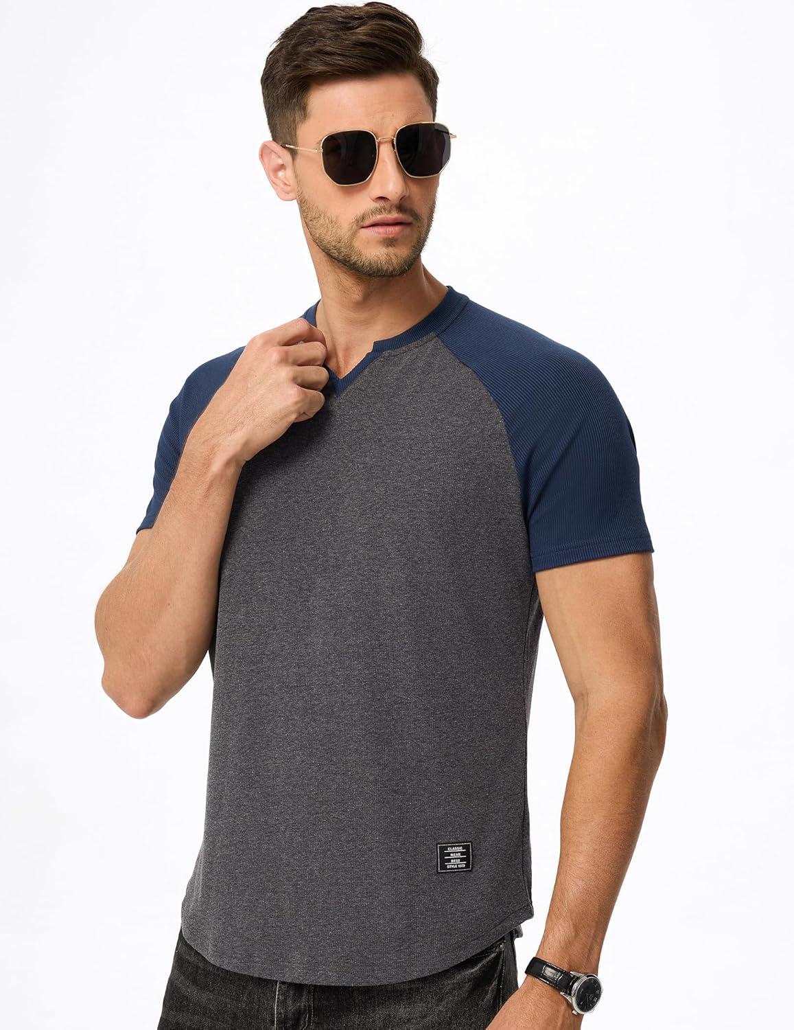 imageJMIERR Mens Muscle Slim T Shirt VNeck Longline Henley Shirt Gym Workout Athletic Tee ShirtsC Grey  Blue