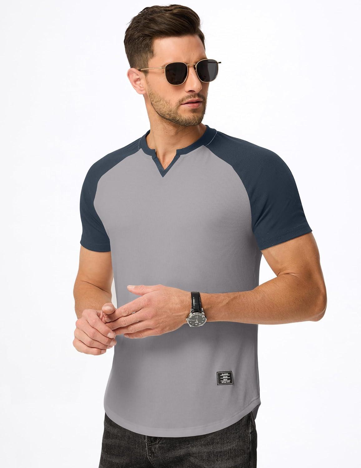 imageJMIERR Mens Muscle Slim T Shirt VNeck Longline Henley Shirt Gym Workout Athletic Tee ShirtsC Light Grey  Blue