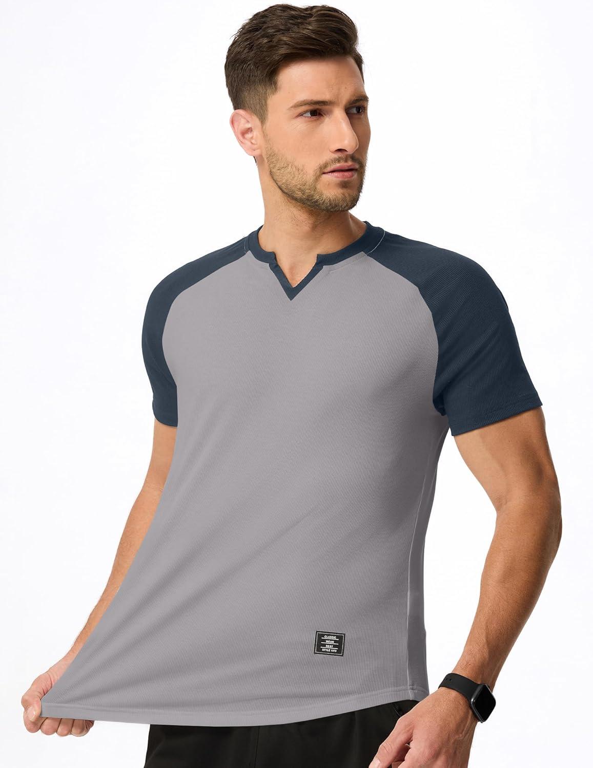 imageJMIERR Mens Muscle Slim T Shirt VNeck Longline Henley Shirt Gym Workout Athletic Tee ShirtsC Light Grey  Blue