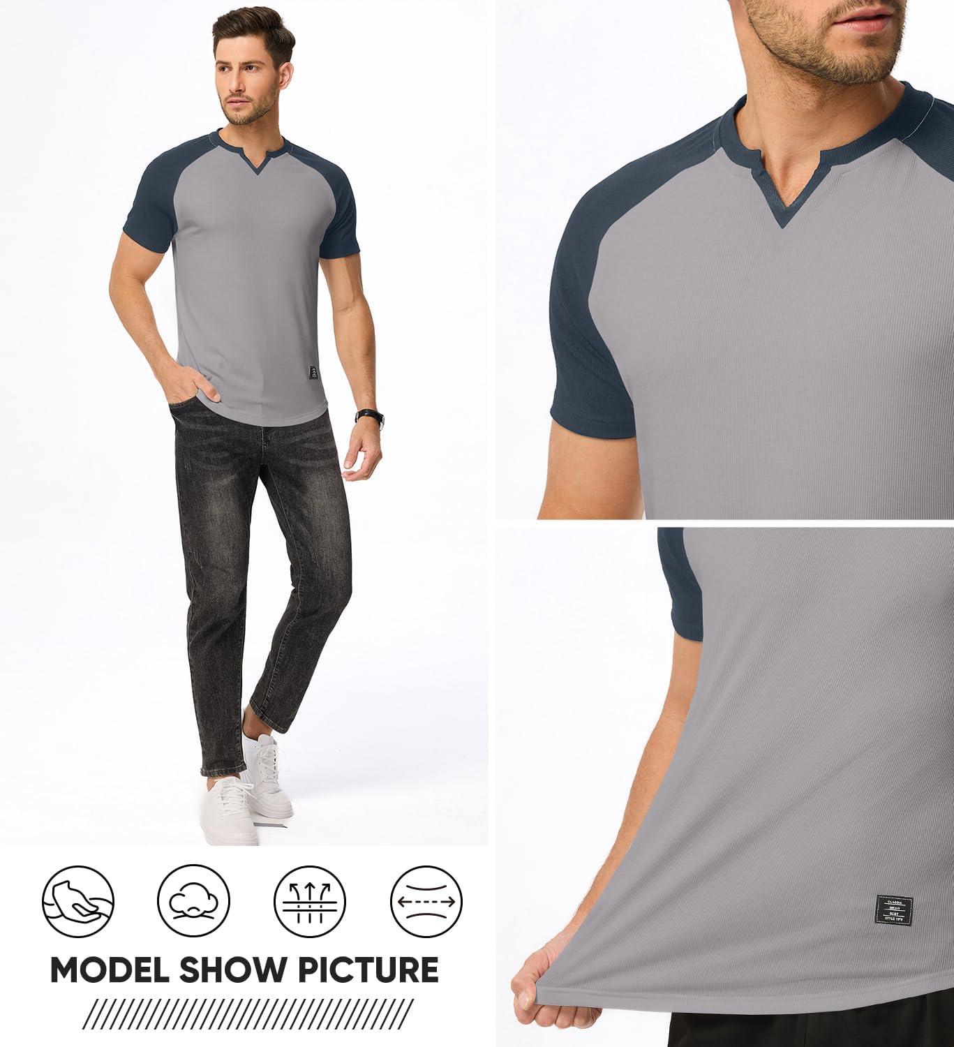 imageJMIERR Mens Muscle Slim T Shirt VNeck Longline Henley Shirt Gym Workout Athletic Tee ShirtsC Light Grey  Blue