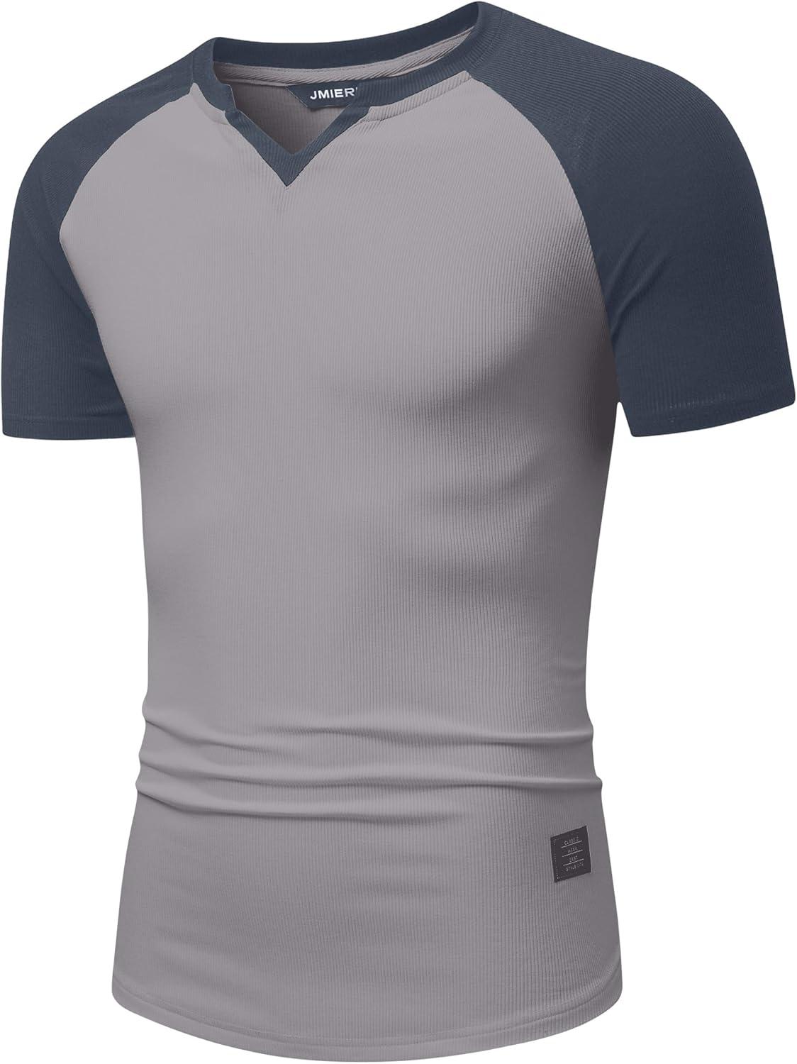 imageJMIERR Mens Muscle Slim T Shirt VNeck Longline Henley Shirt Gym Workout Athletic Tee ShirtsC Light Grey  Blue