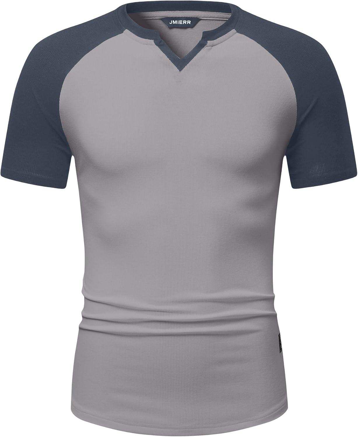 imageJMIERR Mens Muscle Slim T Shirt VNeck Longline Henley Shirt Gym Workout Athletic Tee ShirtsC Light Grey  Blue