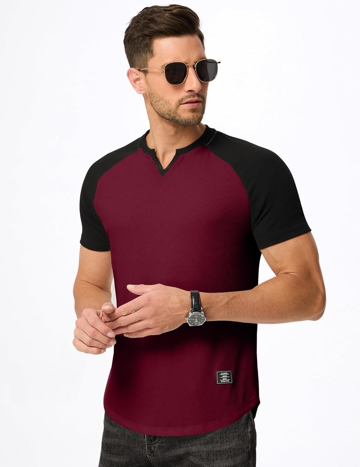imageJMIERR Mens Muscle Slim T Shirt VNeck Longline Henley Shirt Gym Workout Athletic Tee ShirtsC Red  Black