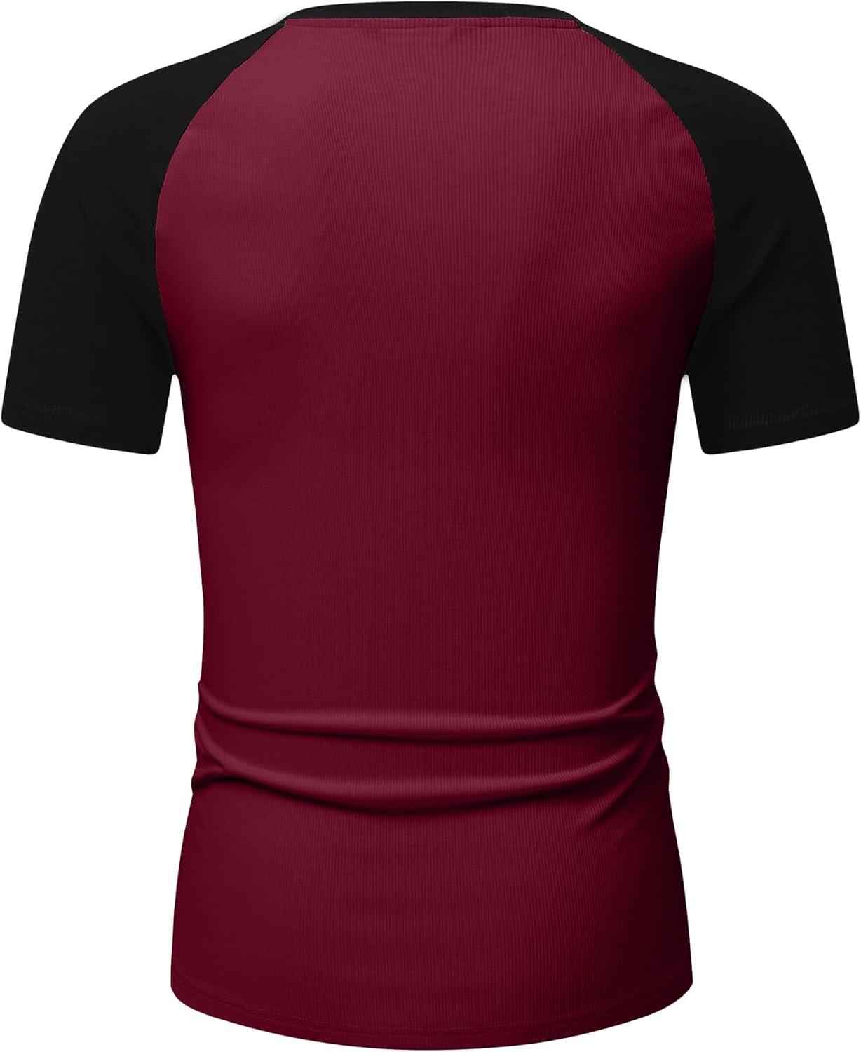 imageJMIERR Mens Muscle Slim T Shirt VNeck Longline Henley Shirt Gym Workout Athletic Tee ShirtsC Red  Black