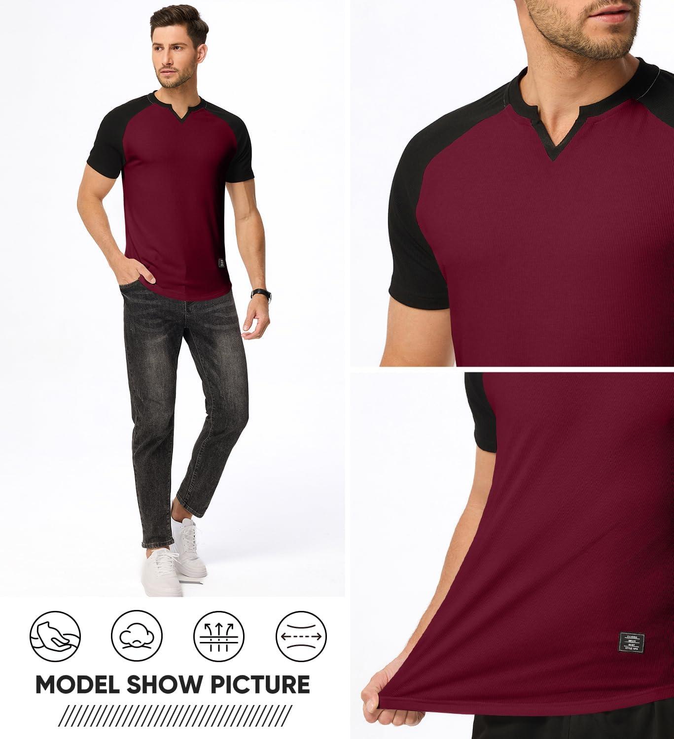 imageJMIERR Mens Muscle Slim T Shirt VNeck Longline Henley Shirt Gym Workout Athletic Tee ShirtsC Red  Black