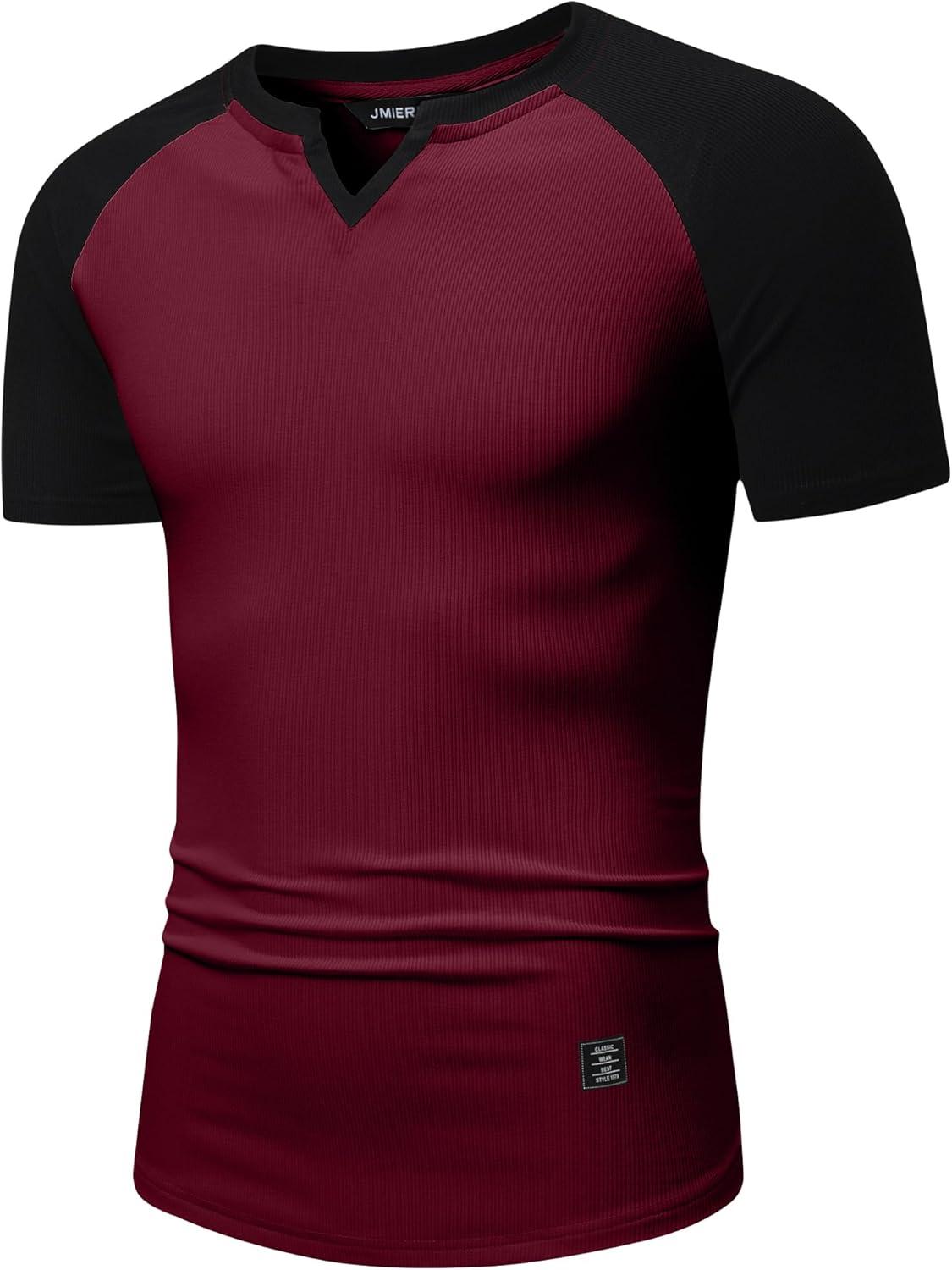 imageJMIERR Mens Muscle Slim T Shirt VNeck Longline Henley Shirt Gym Workout Athletic Tee ShirtsC Red  Black