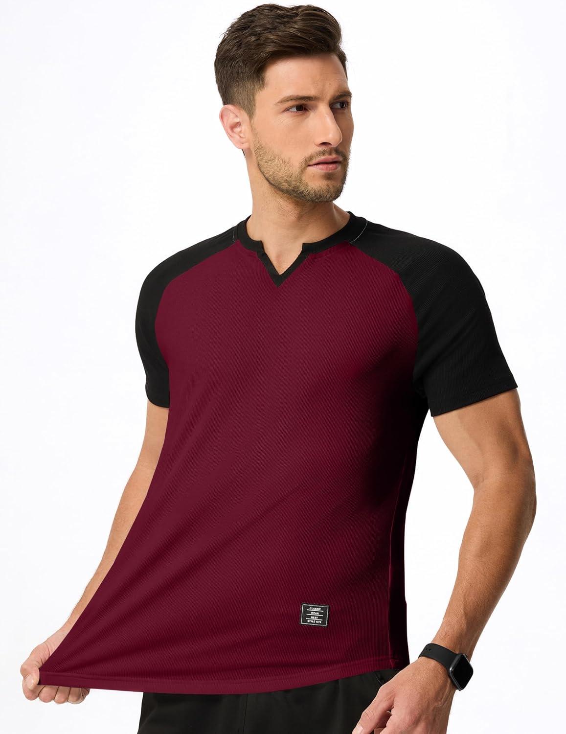 imageJMIERR Mens Muscle Slim T Shirt VNeck Longline Henley Shirt Gym Workout Athletic Tee ShirtsC Red  Black