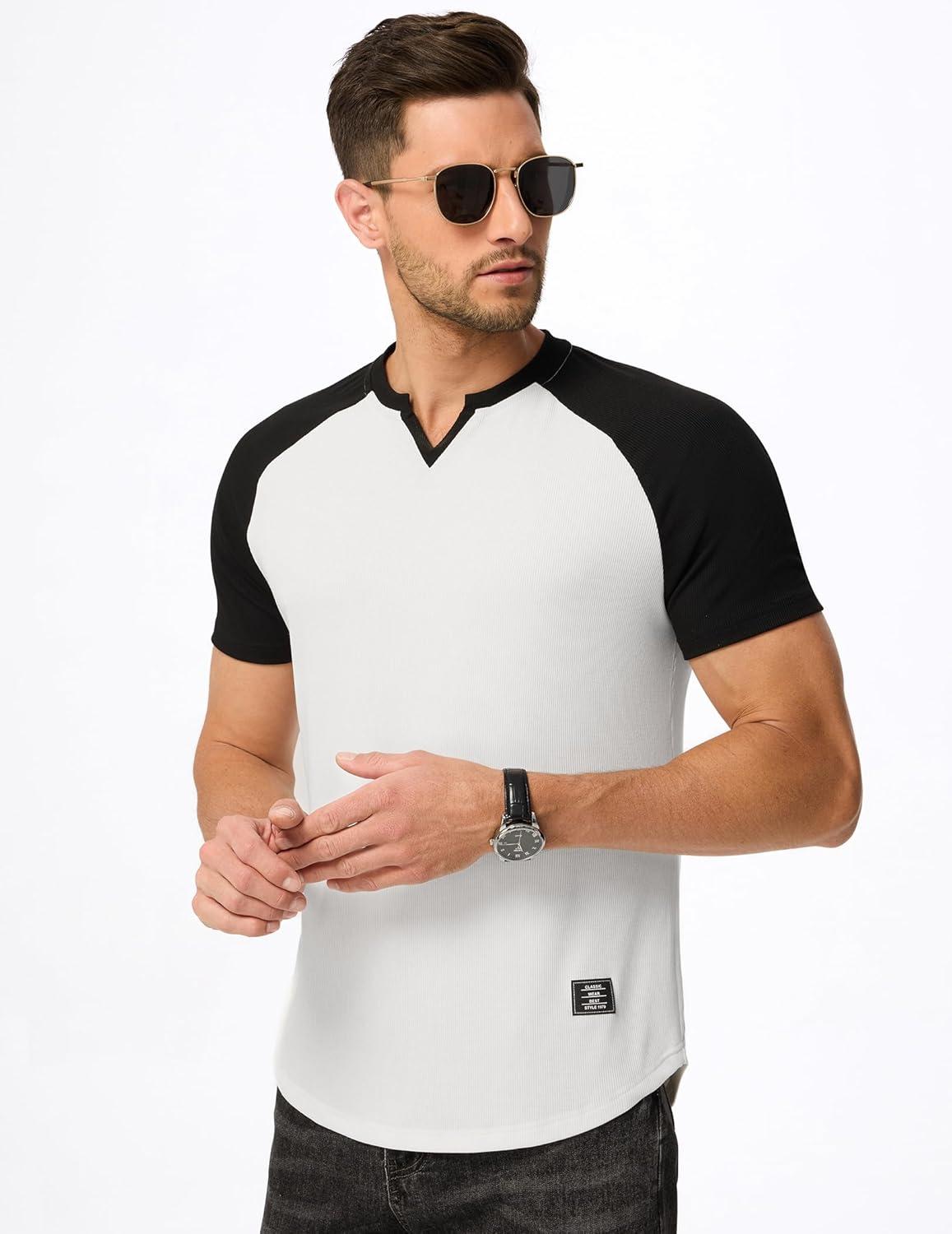 imageJMIERR Mens Muscle Slim T Shirt VNeck Longline Henley Shirt Gym Workout Athletic Tee ShirtsC White  Black