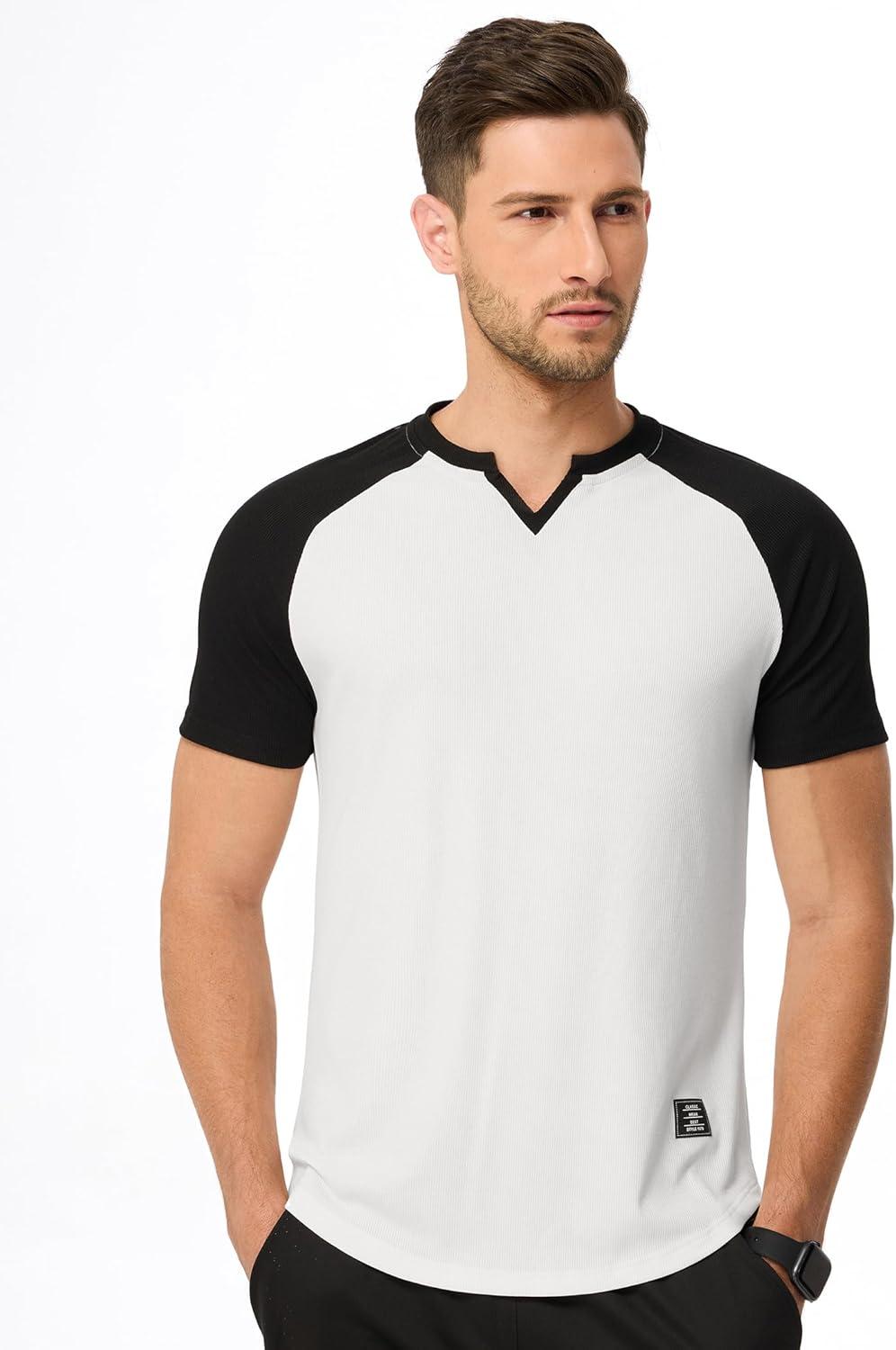 imageJMIERR Mens Muscle Slim T Shirt VNeck Longline Henley Shirt Gym Workout Athletic Tee ShirtsC White  Black