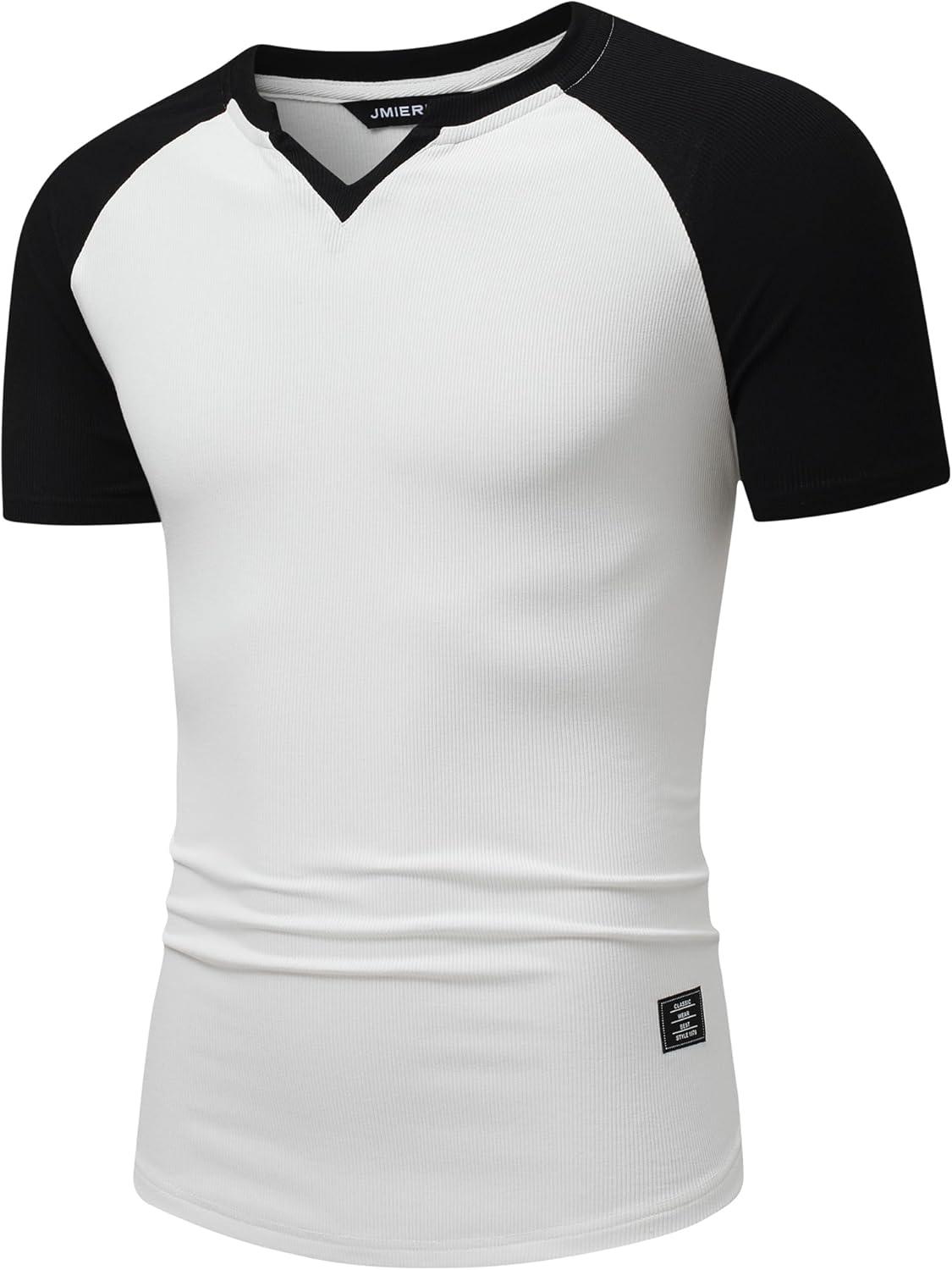 imageJMIERR Mens Muscle Slim T Shirt VNeck Longline Henley Shirt Gym Workout Athletic Tee ShirtsC White  Black