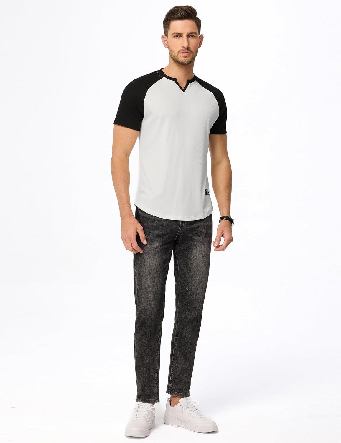 imageJMIERR Mens Muscle Slim T Shirt VNeck Longline Henley Shirt Gym Workout Athletic Tee ShirtsC White  Black