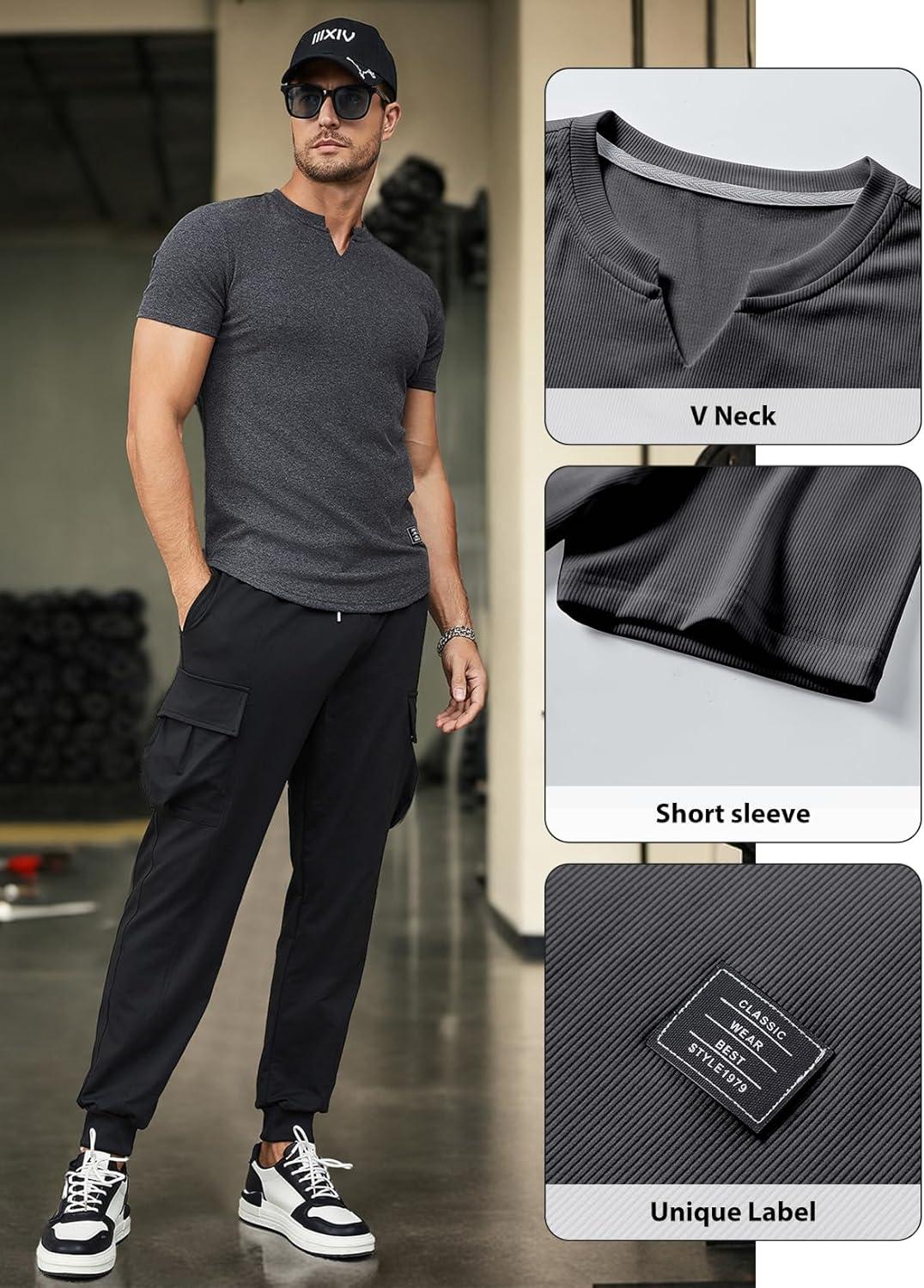 imageJMIERR Mens Muscle Slim T Shirt VNeck Longline Henley Shirt Gym Workout Athletic Tee ShirtsPackwhiteGrey