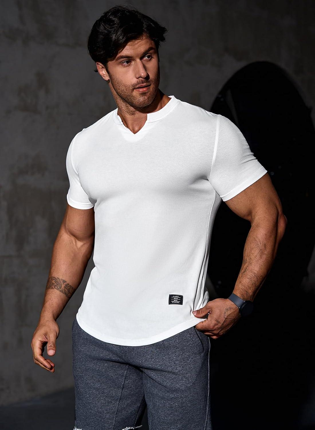 imageJMIERR Mens Muscle Slim T Shirt VNeck Longline Henley Shirt Gym Workout Athletic Tee ShirtsPackwhiteWhite