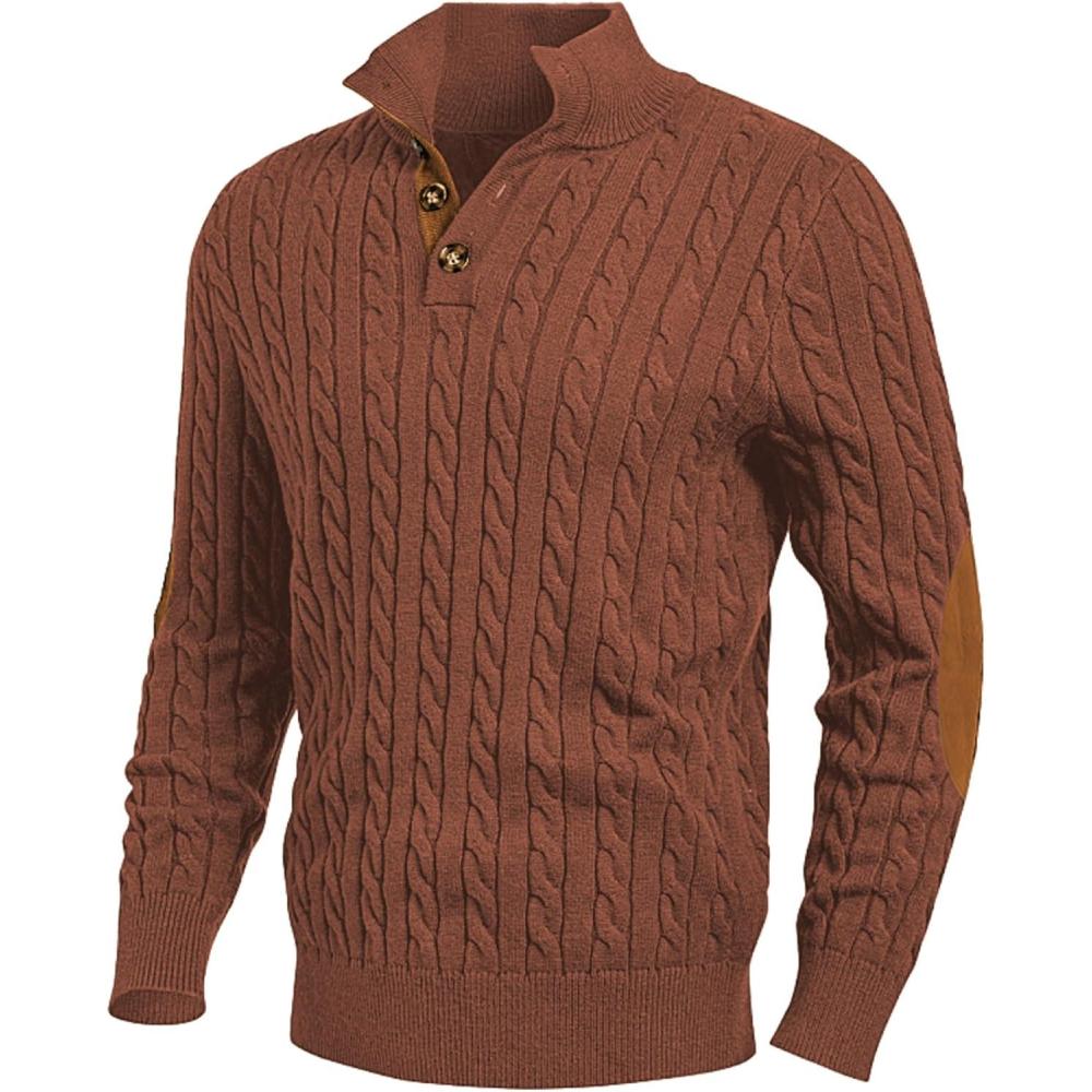 imageJMIERR Mens Cable Knit Pullover Sweater Casual Long Sleeve Stand Collar Button Knitted SweatersChestnut