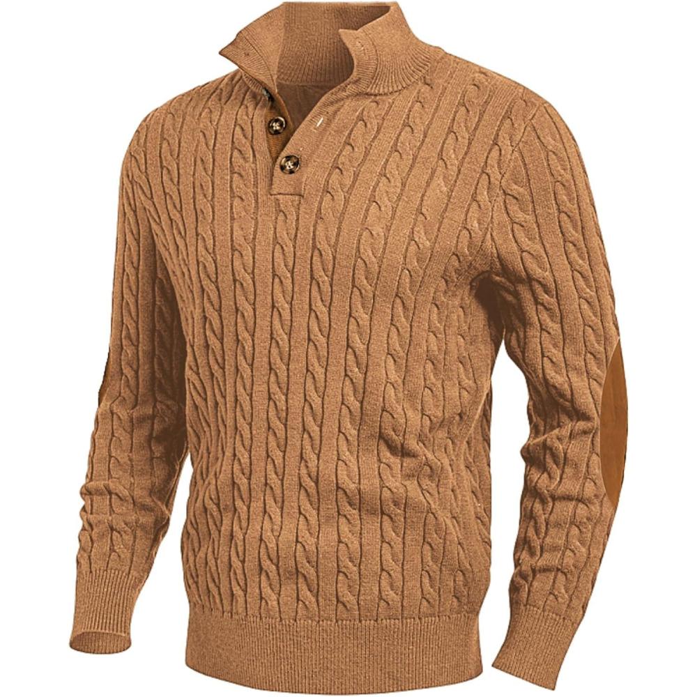 imageJMIERR Mens Cable Knit Pullover Sweater Casual Long Sleeve Stand Collar Button Knitted SweatersLight Khaki