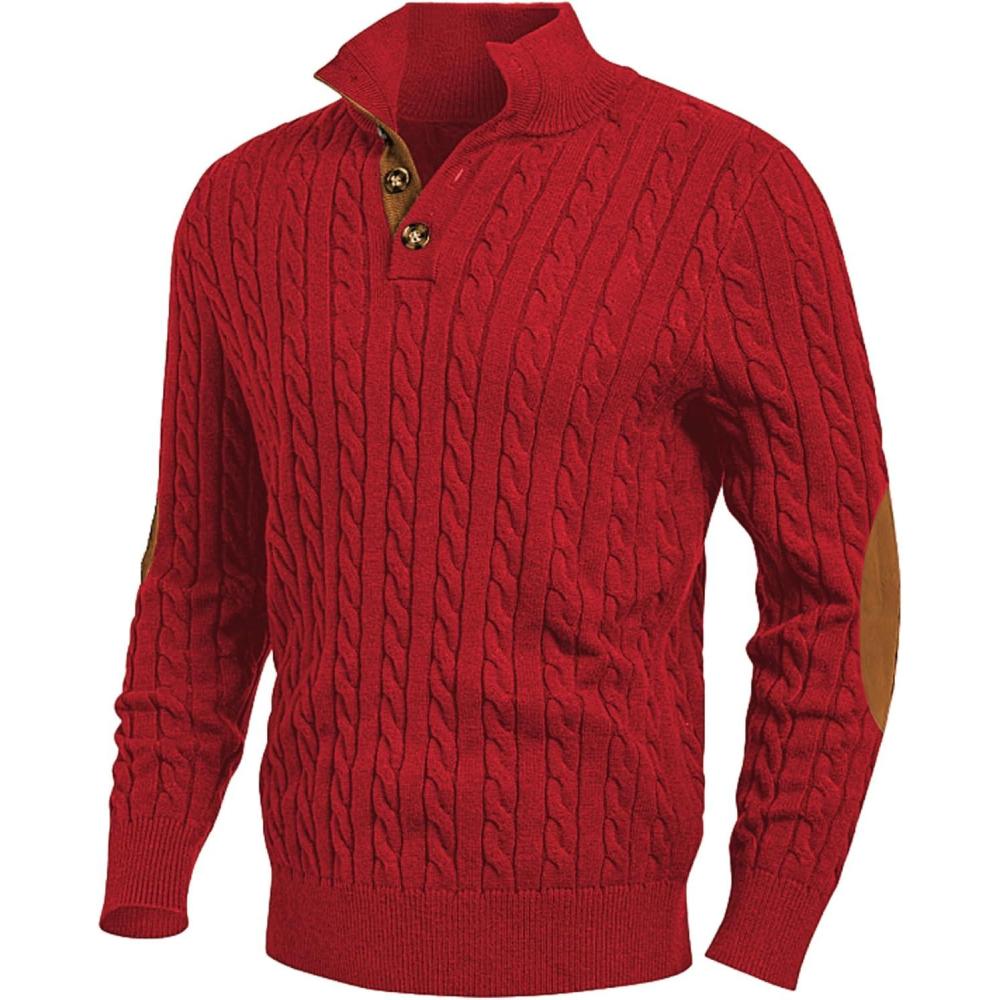 imageJMIERR Mens Cable Knit Pullover Sweater Casual Long Sleeve Stand Collar Button Knitted SweatersLight Red