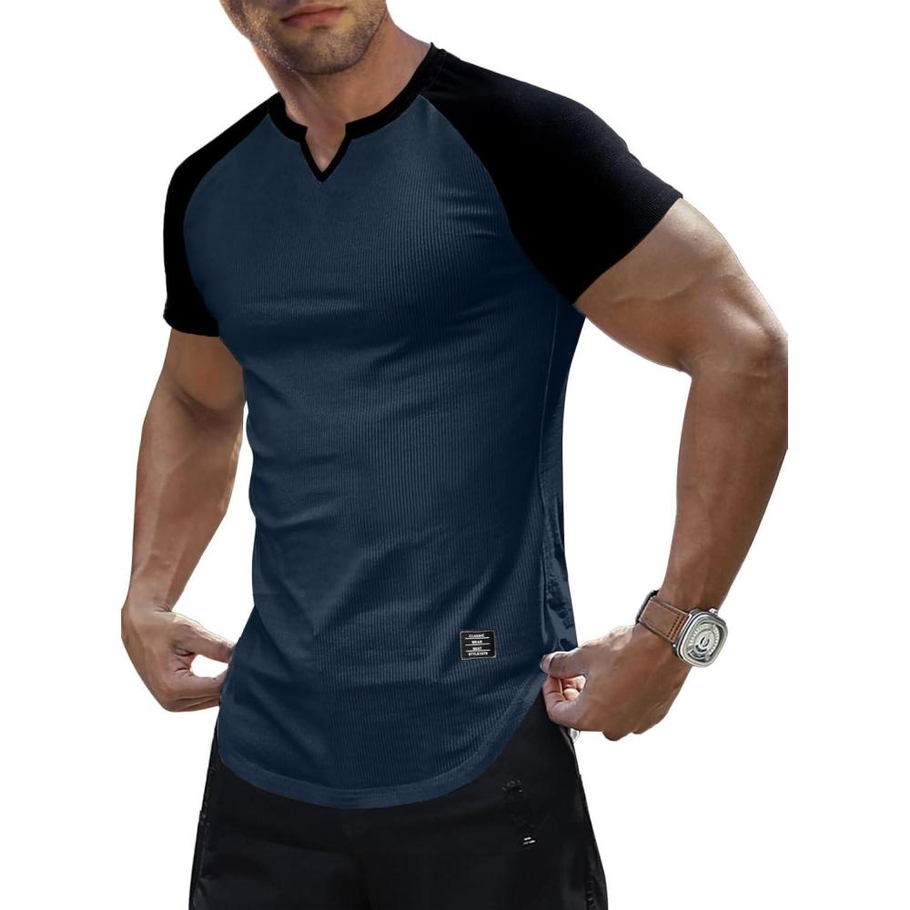 imageJMIERR Mens Muscle Slim T Shirt VNeck Longline Henley Shirt Gym Workout Athletic Tee ShirtsC Blue  Black