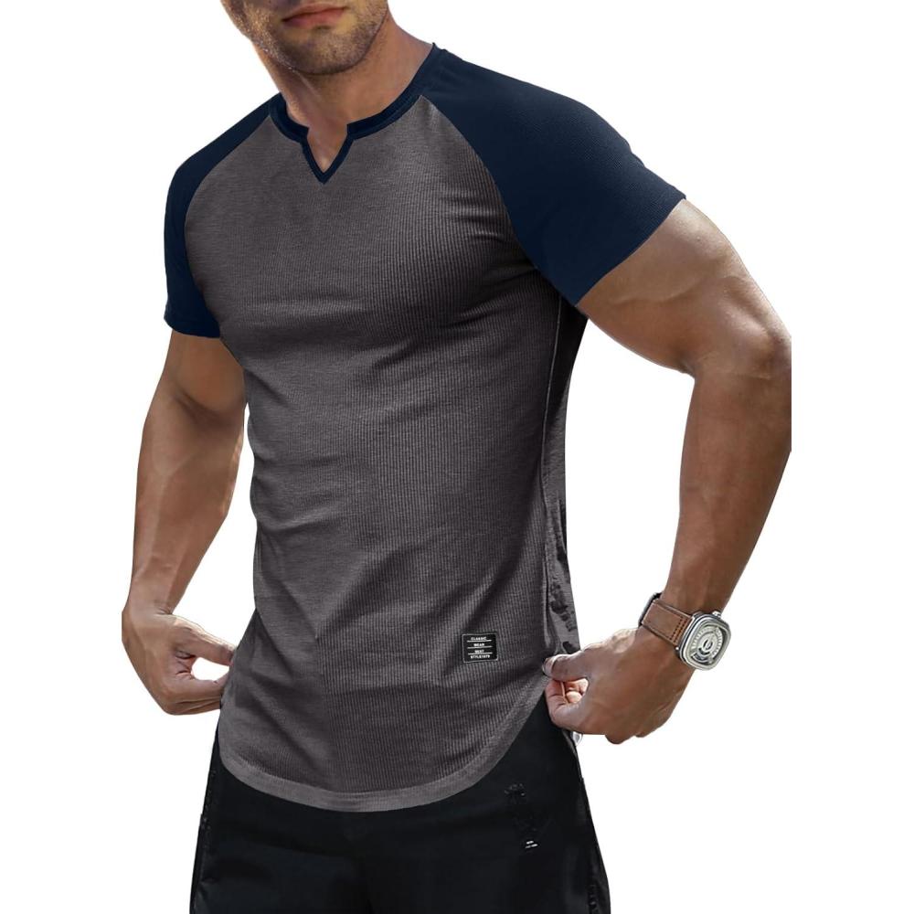 imageJMIERR Mens Muscle Slim T Shirt VNeck Longline Henley Shirt Gym Workout Athletic Tee ShirtsC Grey  Blue