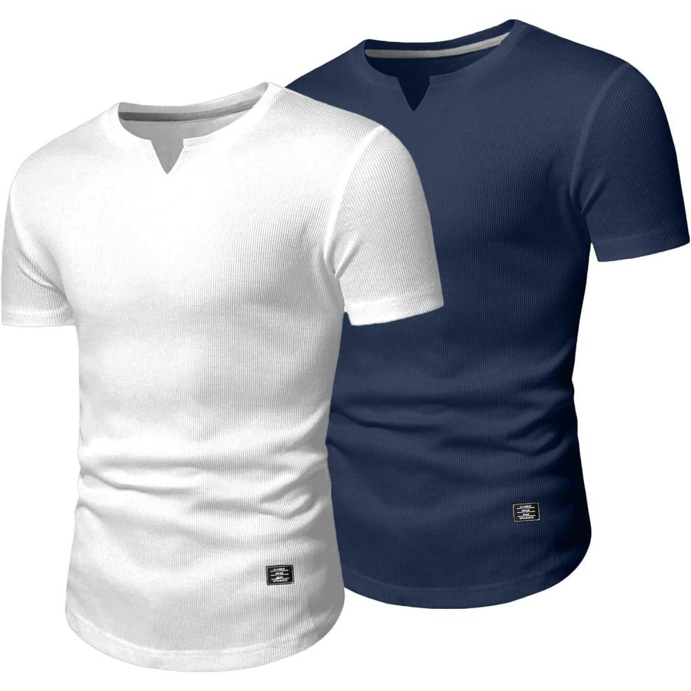 imageJMIERR Mens Muscle Slim T Shirt VNeck Longline Henley Shirt Gym Workout Athletic Tee ShirtsPackwhiteBlue