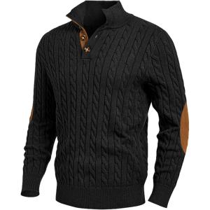 imageJMIERR Mens Cable Knit Pullover Sweater Casual Long Sleeve Stand Collar Button Knitted Sweaters0 Black