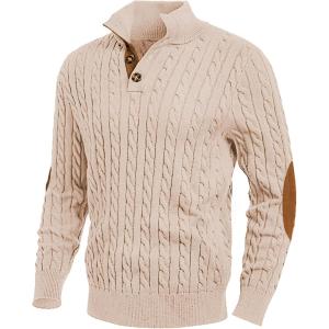 imageJMIERR Mens Cable Knit Pullover Sweater Casual Long Sleeve Stand Collar Button Knitted Sweaters02 Beige