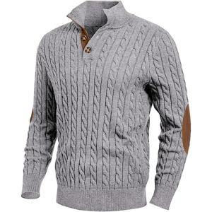 imageJMIERR Mens Cable Knit Pullover Sweater Casual Long Sleeve Stand Collar Button Knitted SweatersGrey
