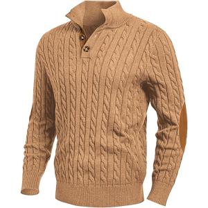 imageJMIERR Mens Cable Knit Pullover Sweater Casual Long Sleeve Stand Collar Button Knitted SweatersKhaki