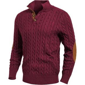 imageJMIERR Mens Cable Knit Pullover Sweater Casual Long Sleeve Stand Collar Button Knitted SweatersRed